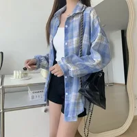 Chemise à carreaux pour femmes, mode automne, haut à manches longues, Vintage, simple boutonnage, chemisier dames, Style Preppy, chemises amples à carreaux 3