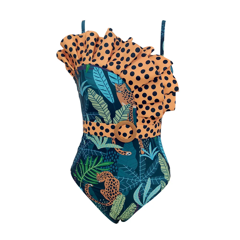 

2023 New Sexy Print Swimwear Ruffles Dots Women Swimsuit One Piece Bodysuit Patchwork Monokini Bathing Suit Pad Female Set