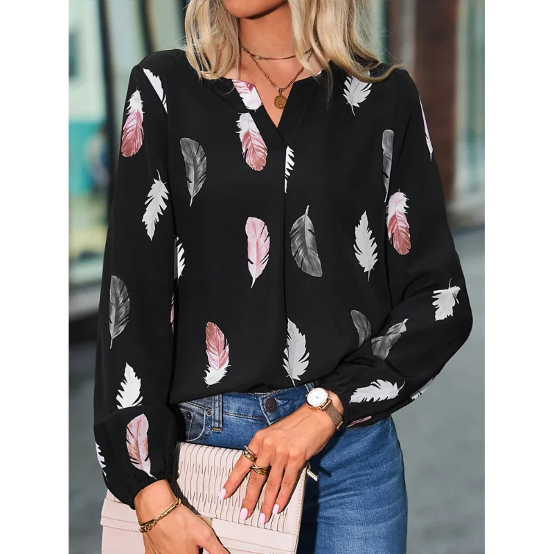 

European and American Fashion Temperament Versatile Women's Clothing New Printed V-neck Long Sleeved Casual Trend Pullover Shirt