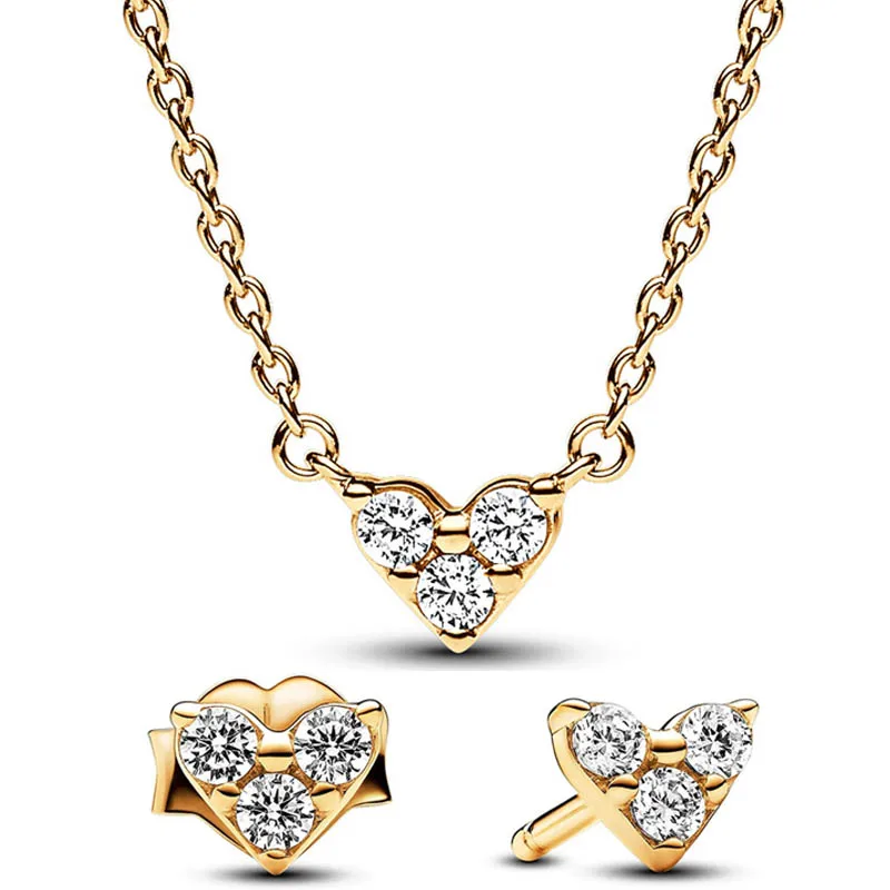 

Original 925 Sterling Silver Golden Shine Triple Stone Heart Collier Necklace Earring For Women Europe Fashion Jewelry