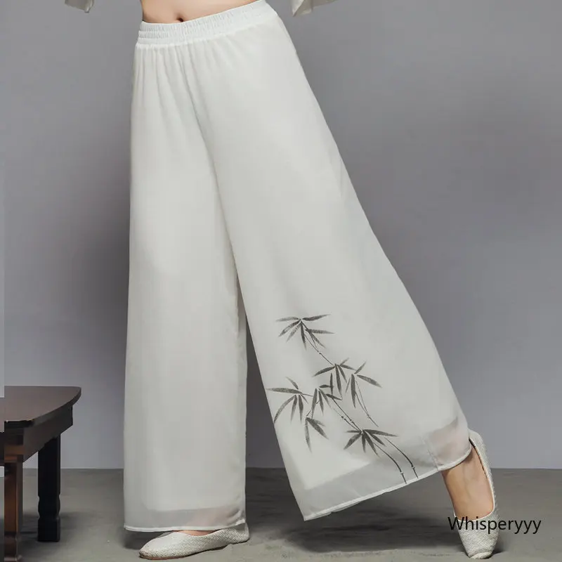 Double-layer Chinese Style Casual Chiffon Wide-leg Pants Women Trousers Summer Chinese Retro National Zen Yoga Skirt Pants