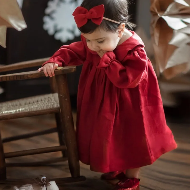 

Fashion Autumn Winter Baby Girls Dresses Red High Waist Peter Pan Collar Pleated Dresses Button Decorated Pullover Shirts