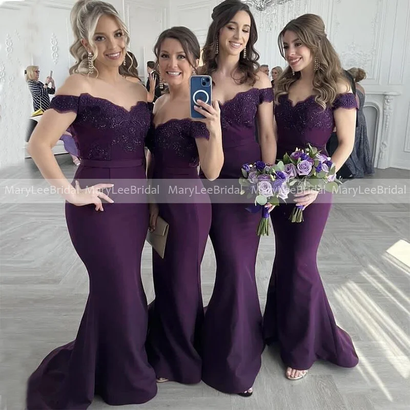 Dark Purple Mermaid Bridesmaid Dresses Off The Shoulder Sequins Lace