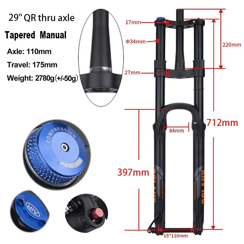 Fourche VTT Double Couronne – 180mm Débattement – Air/huile – 27.5/29 Pouces – Neuve