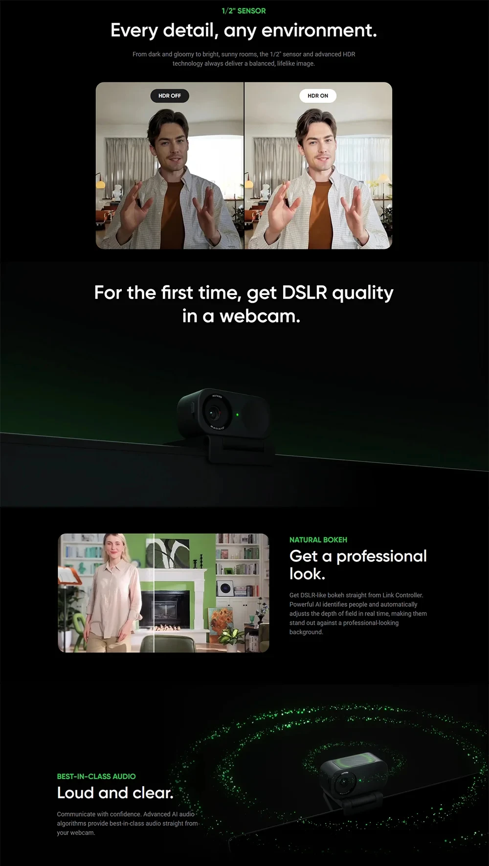 Insta360 Link 2C Webcam 4K 30fps PC UDR Auto Framing AI Noise-Canceling Mic for PC / Mac / Video Calls Gaming Streaming