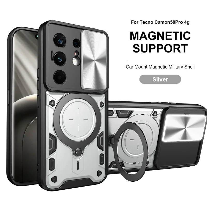 Tecno Camon Heavy Duty Shockproof Armor Case with Magnetic Ring Holder and Slide Lens Protection Cover