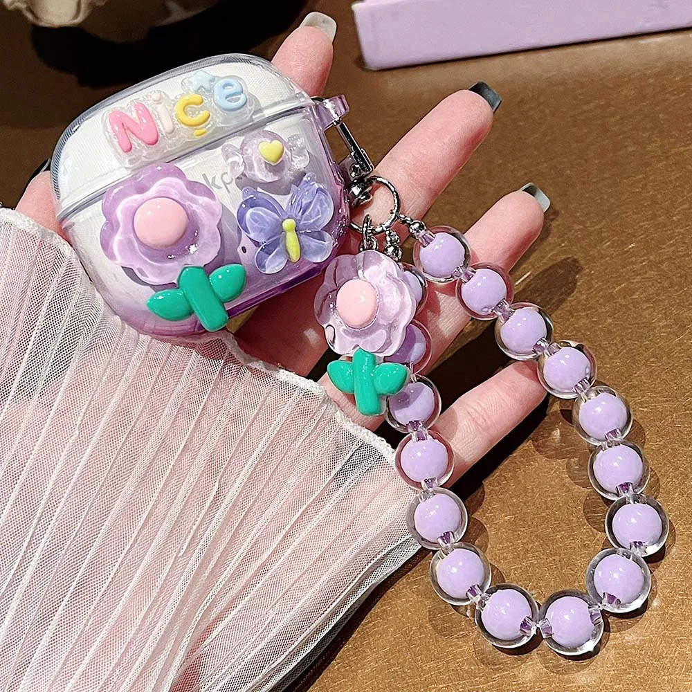 Korean Floral Soft TPU Clear Protective Earphone Case with Beaded Bracelet Pendant