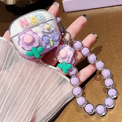 Korean Floral Soft TPU Clear Protective Earphone Case with Beaded Bracelet Pendant for Lenovo LP40 Pro (Purple B)