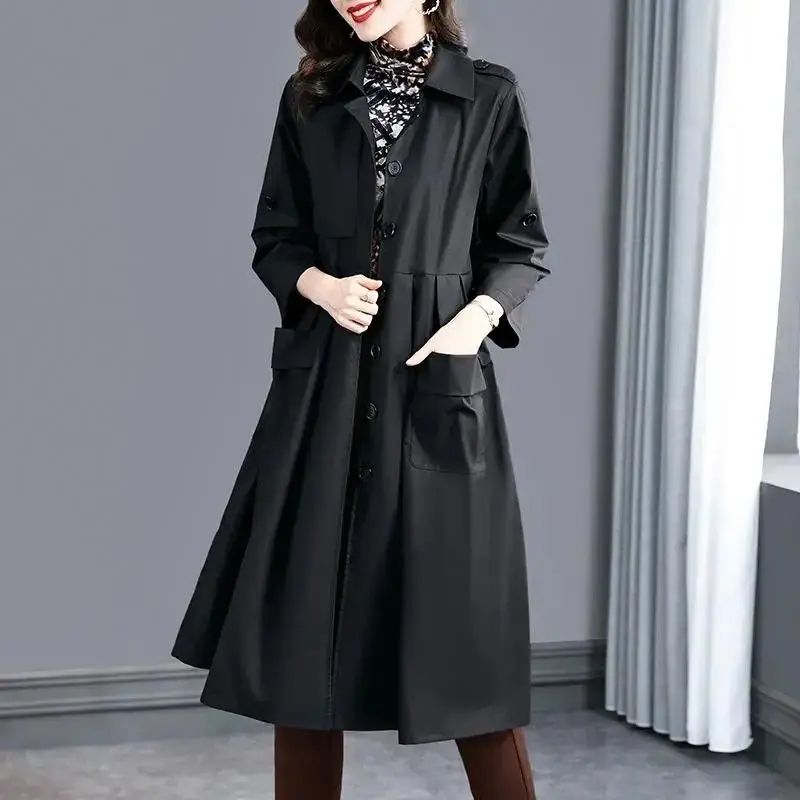 Women's Autumn Winter Fashion Versatil Solid Color Polo Collar Button Pocket Korean Long Sleeved Loose Mid Length Trench Coat