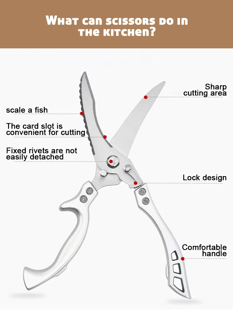 Kitchen Scissors Chicken Bone Kitchen Shears Duck Fish Cutter Stainless Steel Fish Scissors Scale Clean Cook Knife