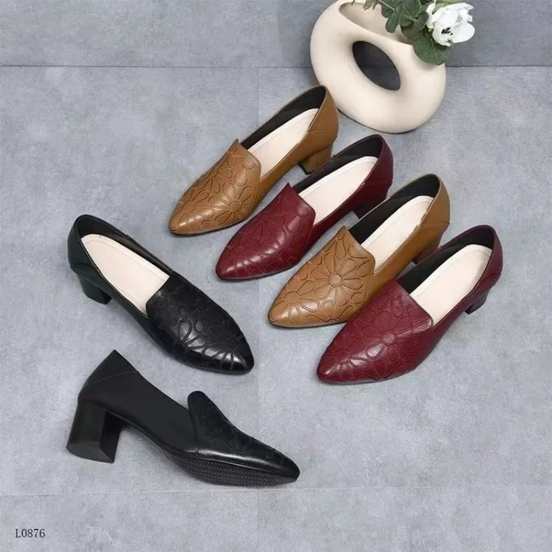 2025 New Spring Women's Pointed Point Medium Thick Heel Shallow Mouth Single Shoes Fashion Soft Leather Embroidered Work Shoes 5