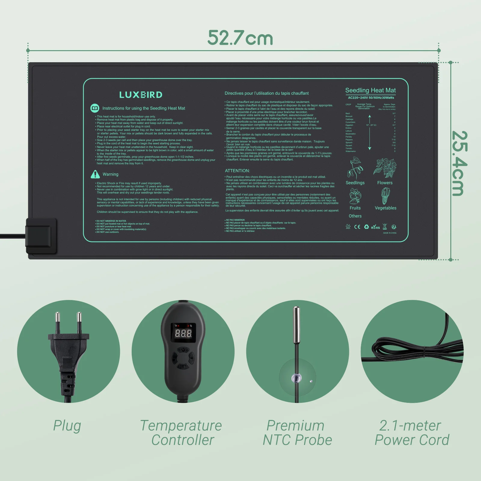 LUXBIRD EU Plug Plant Heating Mat with Thermostat 10*20.75 inches IP67 Waterproof Heated Pad for Indoor Planting,Home Brewing