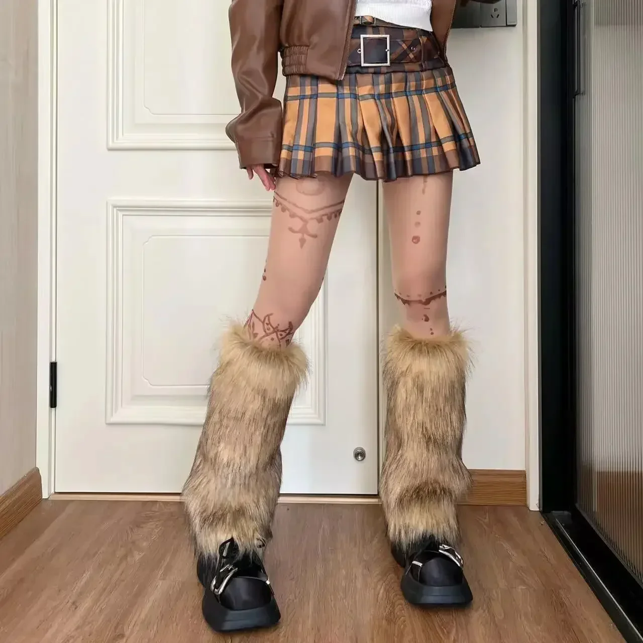 빈티지 모조 모피 모피 레그 워머 뜨거운 소녀 Y2k 갈색 털이 겨울 따뜻한 모피 부츠 양말 펑크 Jk 무릎 길이 힙합 양말