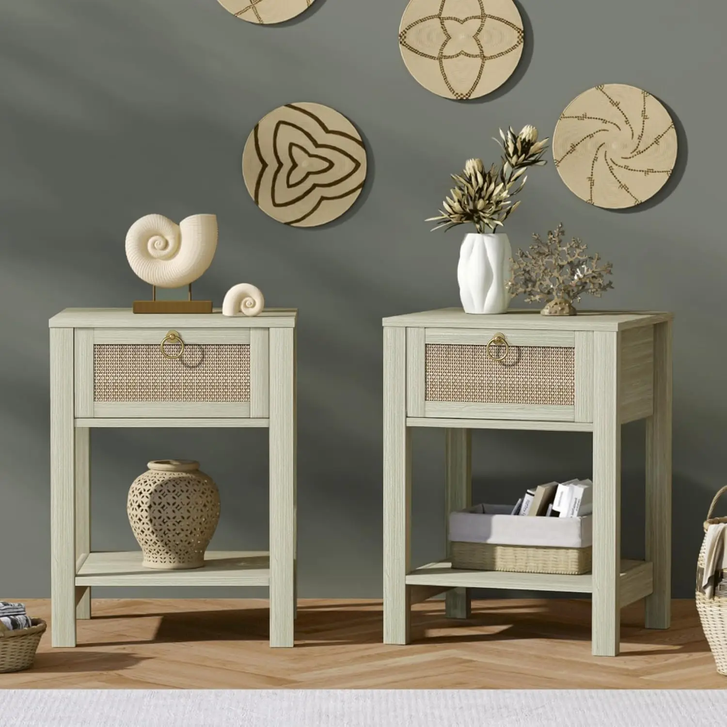 Nightstand Set of 2-Rattan Decor Drawer with Brass Knobs Night Stand Wood Bedside Table End Tables Side Tables