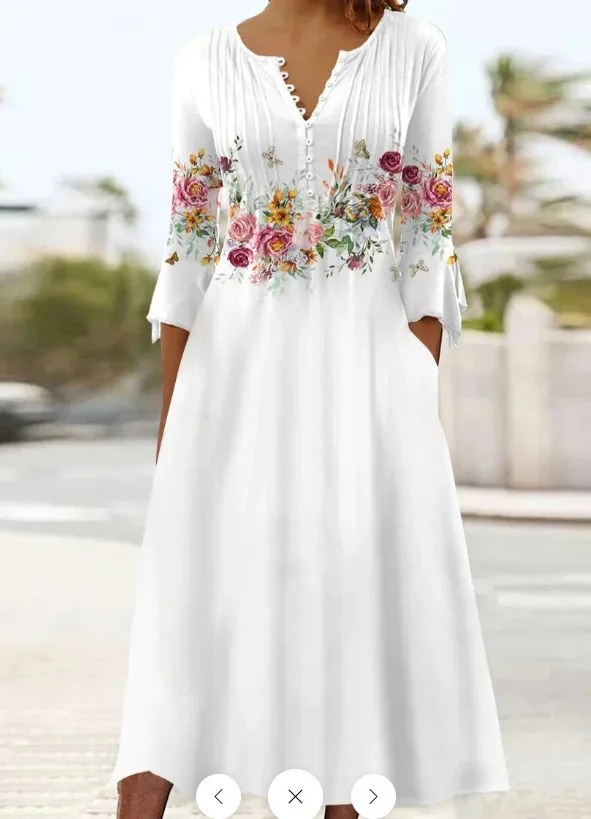 

Elegant floral print white dress 2023 Women pocket 3/4 sleeve button v-neck long midi dress Spring autumn casual clothes