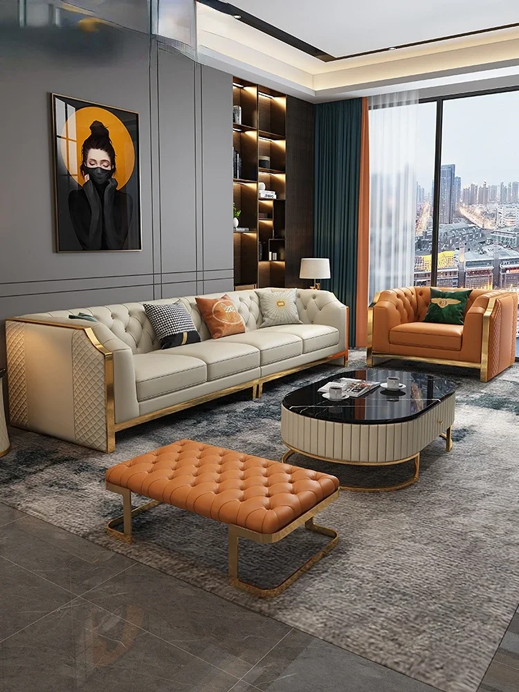 

Light luxury leather sofa head cowhide living room high-end atmosphere modern simple small apartment combination