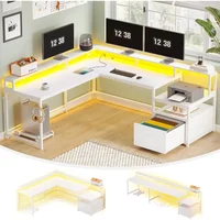 White L Shaped Gaming Desk, 66" Home Office Desk with File Drawer, Power Outlet and Led Lights, Corner Computer Desk 1