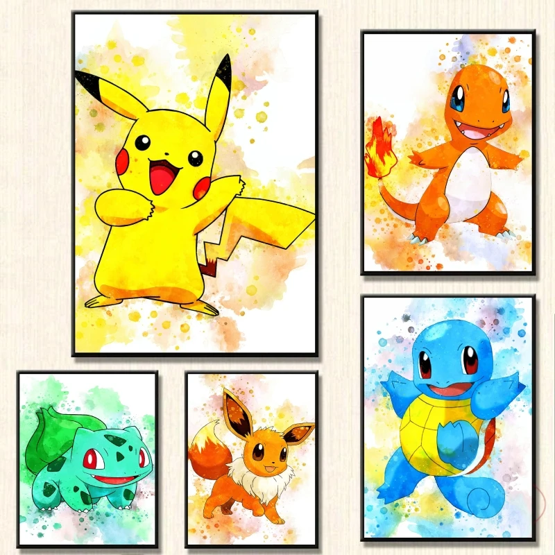 

Japanese Anime Peripheral Pokemon Poster Decor Pikachu Charizard Wall Art Watercolor Canvas Painting Modern Room Decor Picture