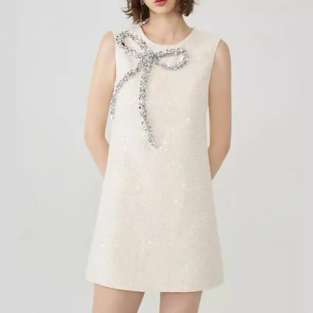 

Vietnamese Designer Brand White Tweed Sleeveless Dress 2024 Summer New Bow Beading Luxury Elegant Party Mini Dresses