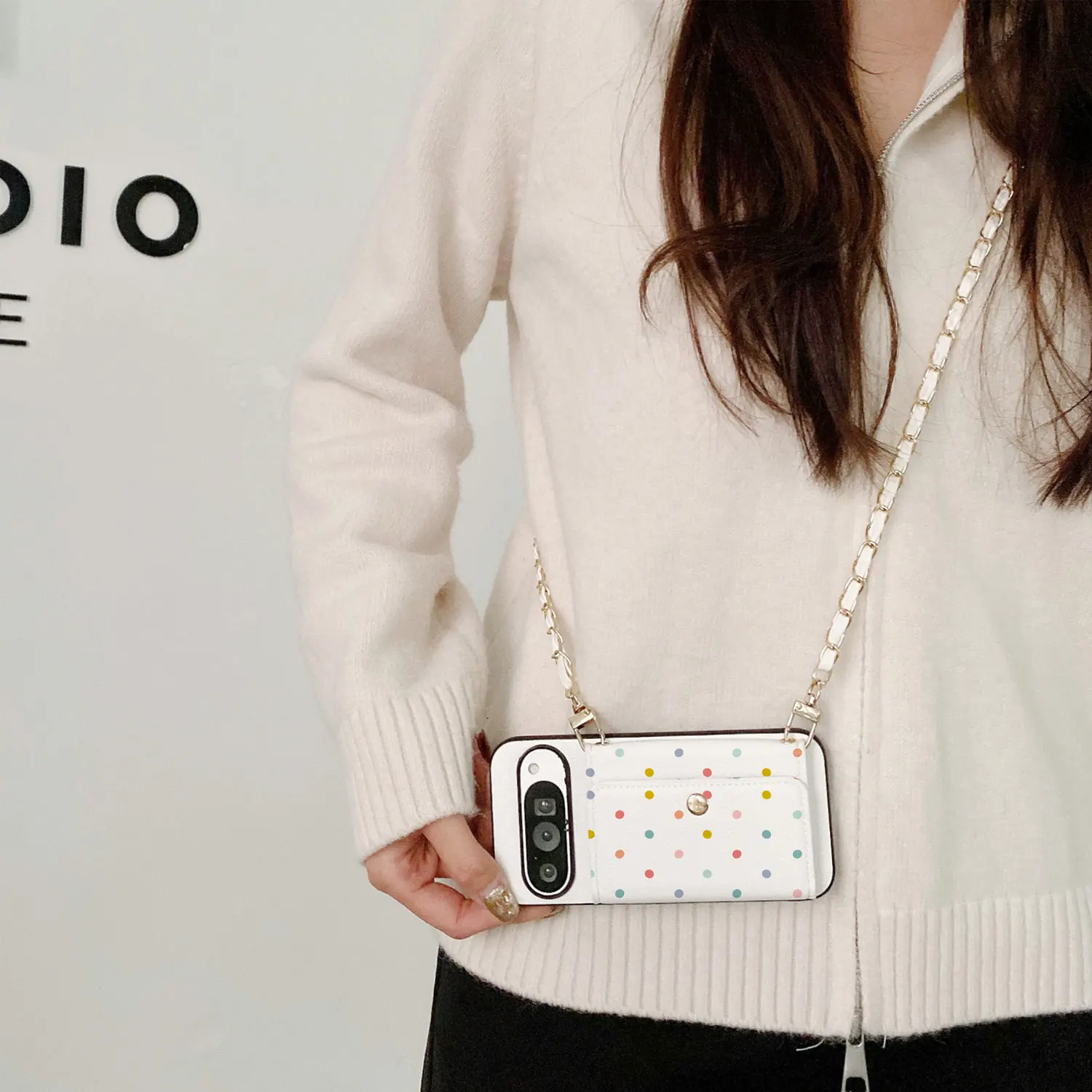 Polka Dot Lychee PU Leather Phone Card Holder Lanyard Case