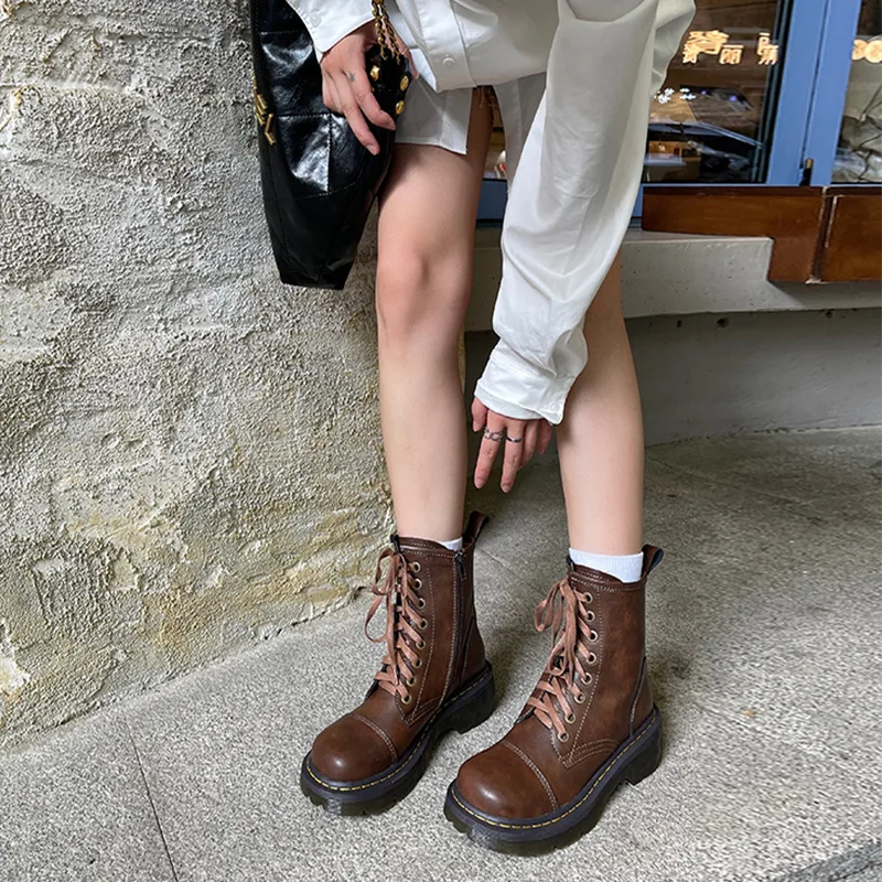 

Женские ботильоны на толстой подошве, однотонные Универсальные ботинки на толстой подошве, с круглым носком, В рыцарском стиле, осенний сезон