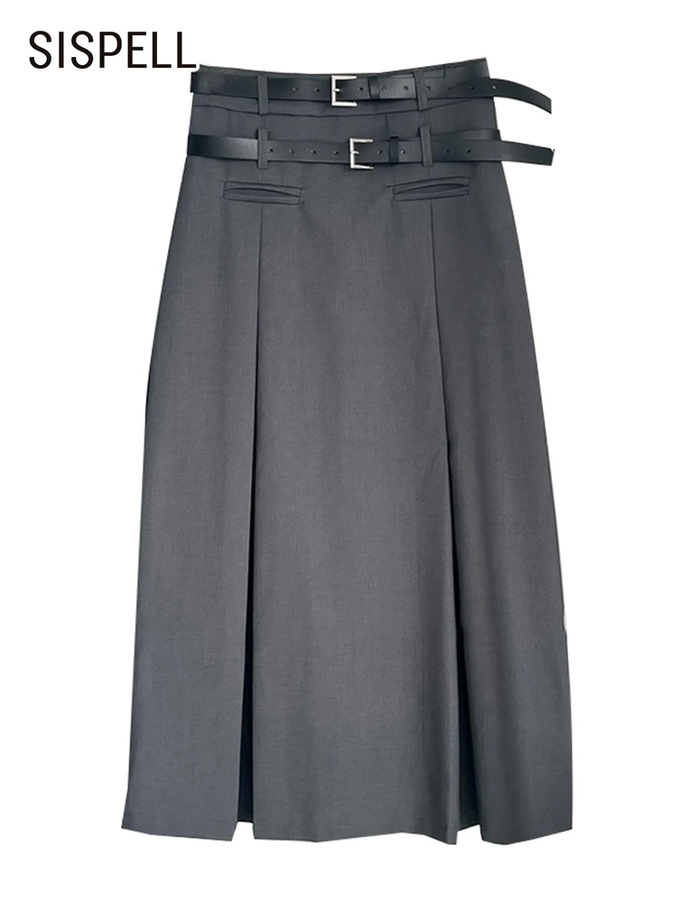 

SISPELL Minimalist Casual Skirts For Women High Waist Patchwork Belts A Line Solid Long Skirt Female Summer 2023 Fashion Clothes