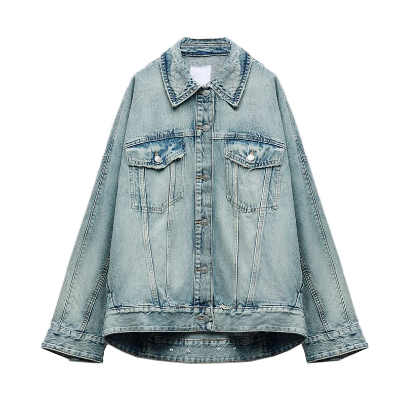 Autunno Donna Giacca di jeans oversize Jeans a gamba larga Abito con risvolto Maniche lunghe Giacca di jeans Cappotto Jeans strappati a gamba larga a vita bassa_voghion.com