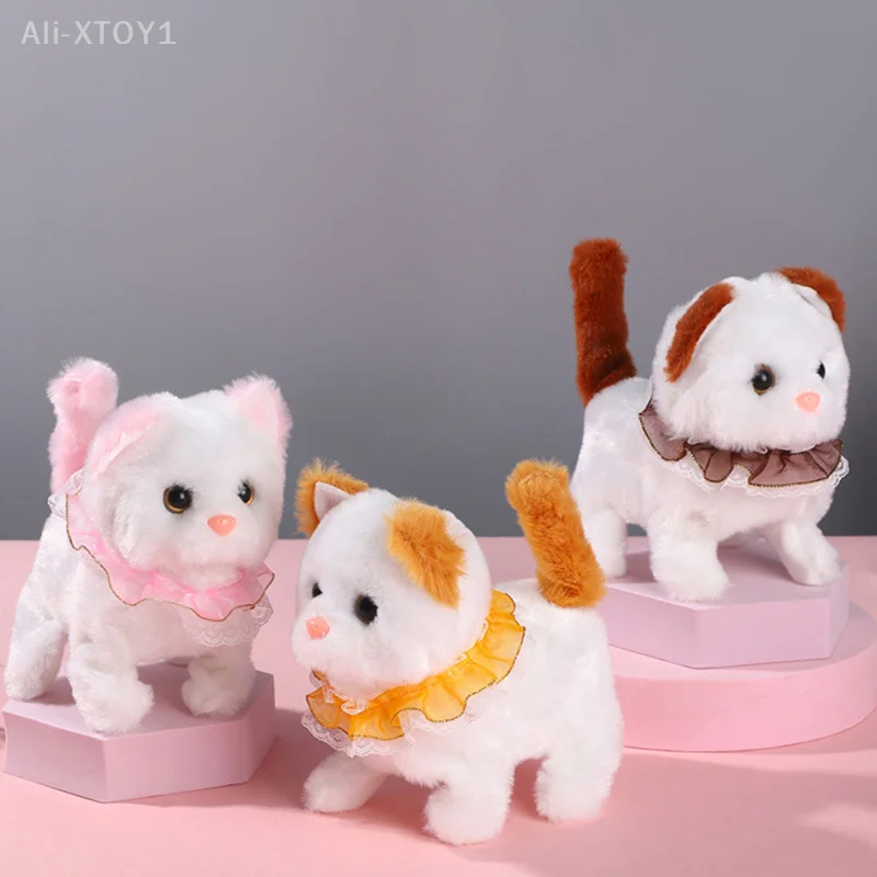 Cute Simulated Collar Lace Kitten Plush Toy Electronic Stuffed Doll Toy Walking Tail Wagging Head Shaking For Kids Birthday Gift