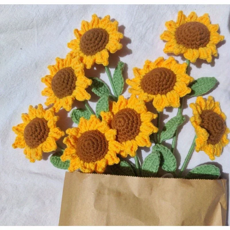 1-24Pcs Sunflower Hand Woven Bouquet Creative Wool Knitting Flower Sunflower Decorations Teachers Day Mother S Day Birthday Gift