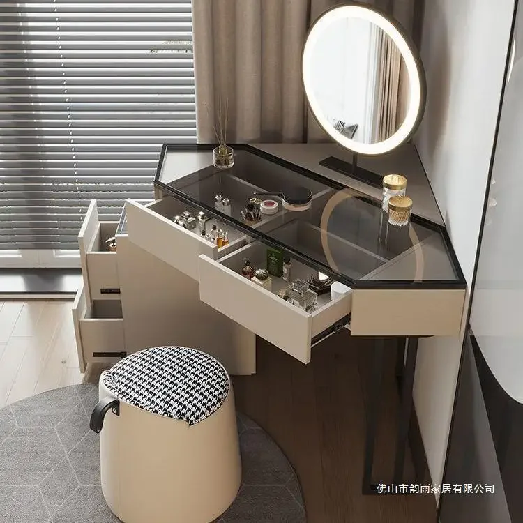 

Modern Triangle Corner Vanity LED Mirror Large CapaCity Makeup Dressing Table With 4 Drawers Save Space Furniture