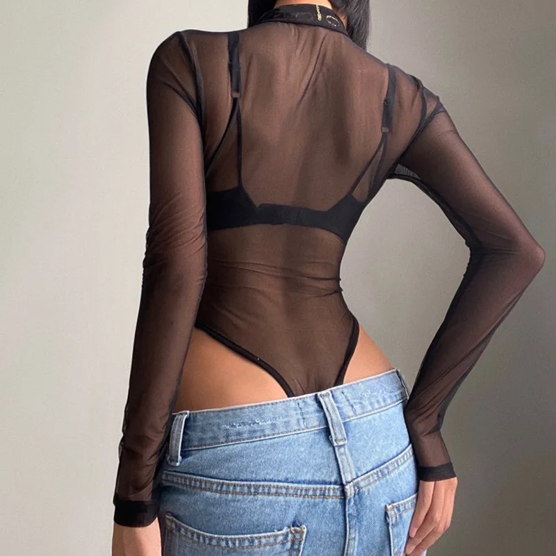 BKLD Clothes For Women Fashion See-Through Mesh Sexy Zipper Patchwork Long Sleeve One Pieces Solid Color Black Bodysuits