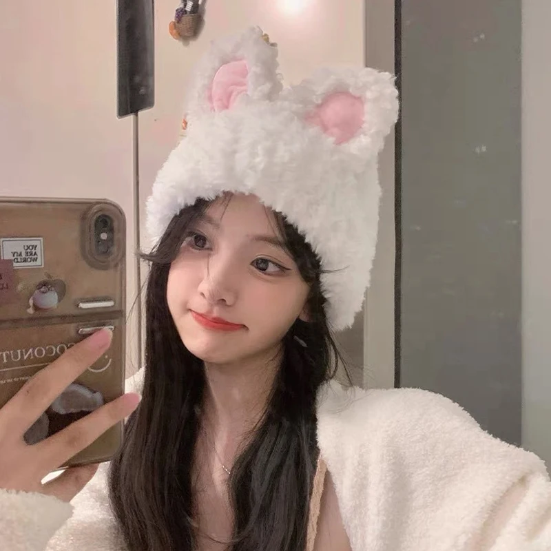 Cute Plush Rabbit Ears Wool Hat Women Autumn And Winter Warm Simple Knitted Cap Sweet Versatile Ear Protector Beanie Hats