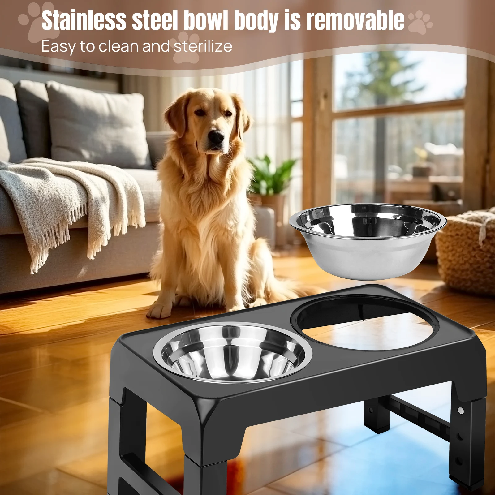 EFAN Raised Dog Bowl 4 Height-Adjustable, Elevated Dog bowls with 2x 1200ml Stainless Steel Bowls, for Small Medium & Large Dogs