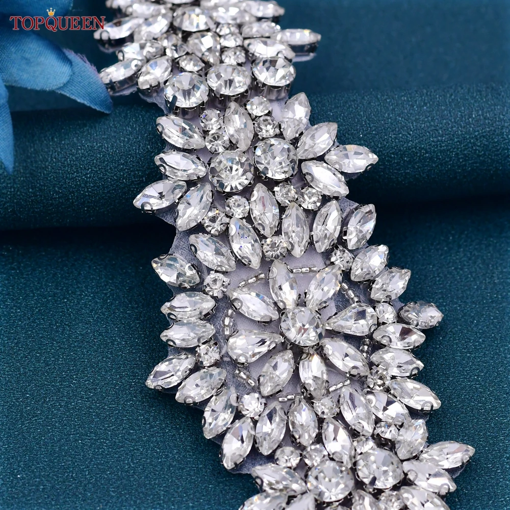 Bridal Waistband Bridal Dress Decoration TOPQUEEN S319 Rhinestones Wedding Belts Bride Dress Decorative Sash With Stones Jeweled Satin Ribbons Silver Gown Appliques