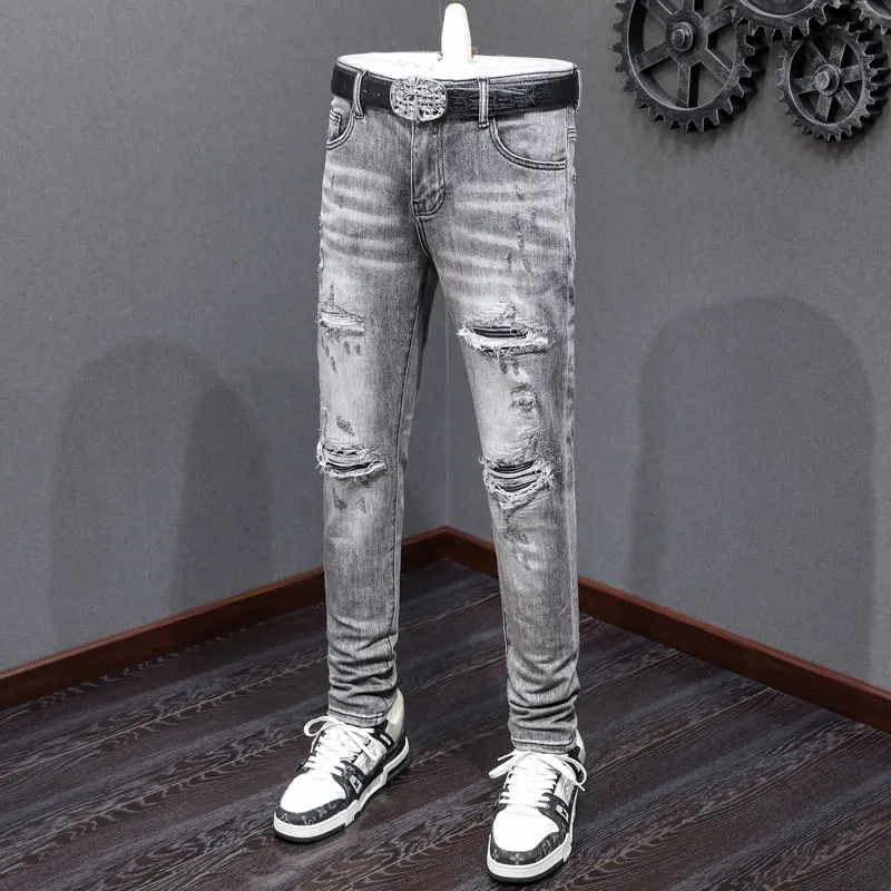 High Street Fashion Men Jeans Retro Gray Stretch Skinny Fit Ripped
