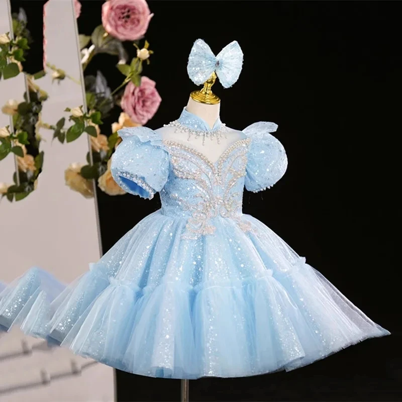 

Sequin Short sleeve Infant Gown For Baby Girls 1st Birthday Party Princess Dresses Children Baptism Christening Banquet Clothin