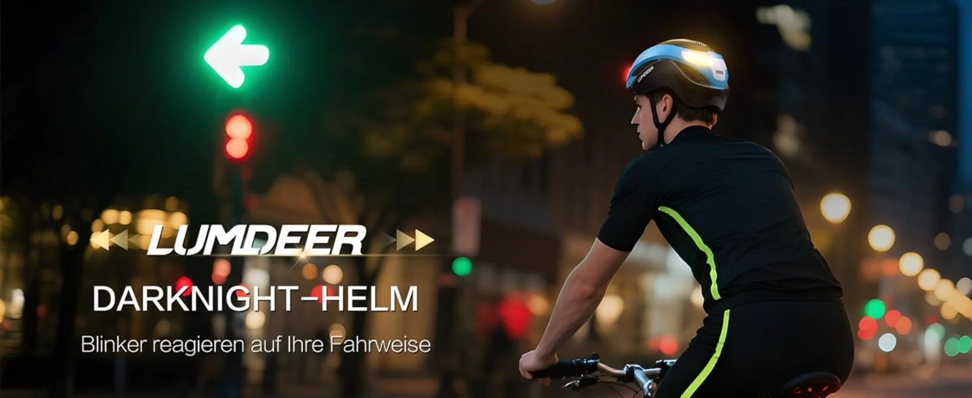Der Text lautet „LUMDEER“. Werbebild bei Nacht, auf dem Fahrradlichter oder reflektierende Ausrüstung im Einsatz sind, mit verschwommenen Stadtlichtern im Hintergrund.