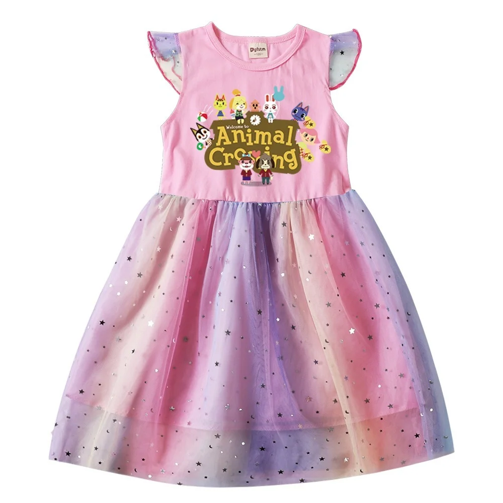 Girls Summer Dress Kids Casual Animal Crossing Short Sleeve for Girl Birthday Party Princess Children Clothing 3-8 Y |