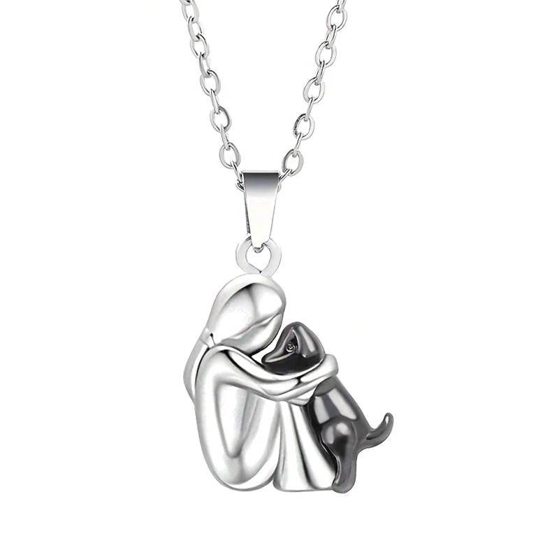 Cute Two Tone Color Girl Hugged Dog Necklace Fashion Women and Pet Pendant Jewelry Accessories - Image 2