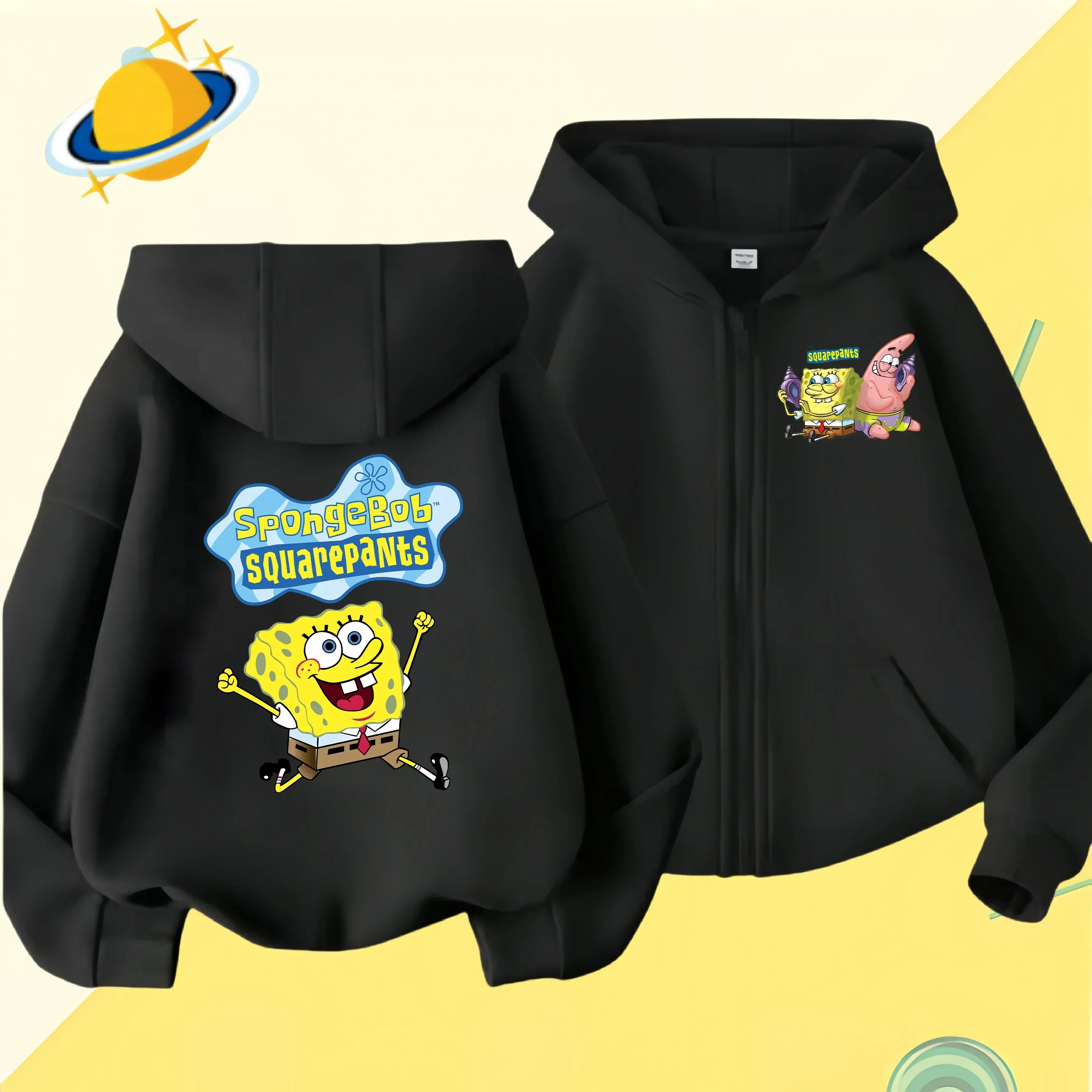 Spongebob Squarepants Zipper hoodie Cartoon Family Sweater for Autumn and Winter Thin or Fleeced Long-Sleeved Hooded Sweatshirt 3