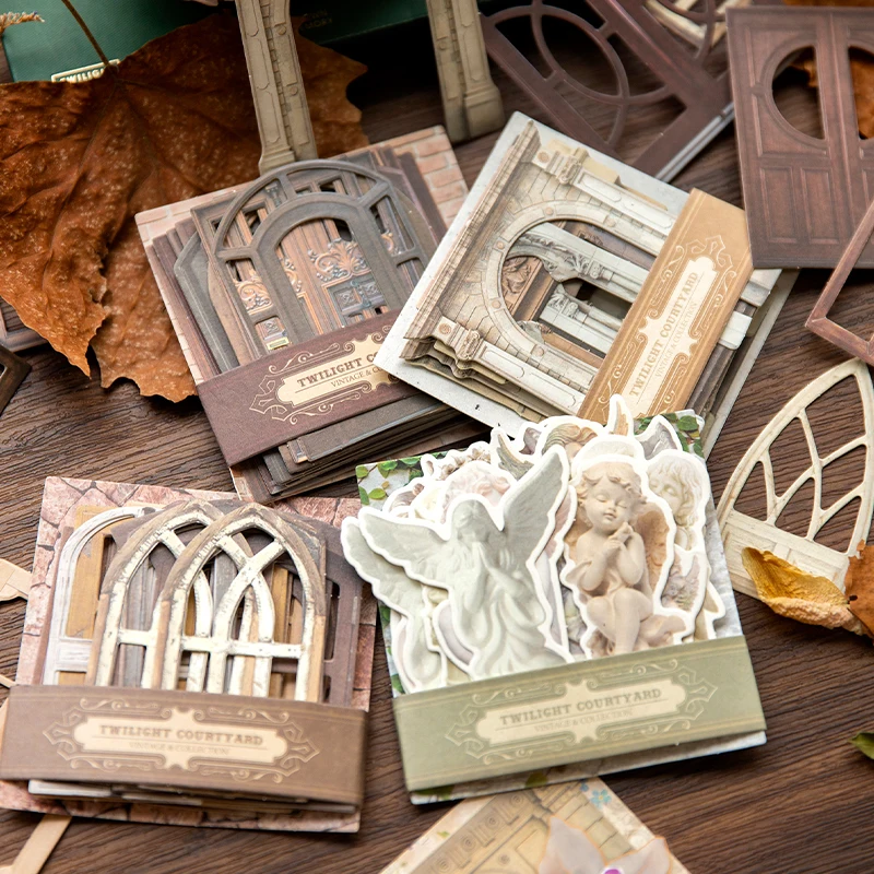 

24Pcs Hollowed Memo Material Pads Collage Card Vintage Door Window Ledger Base Writing Background Decorative paper 90MM