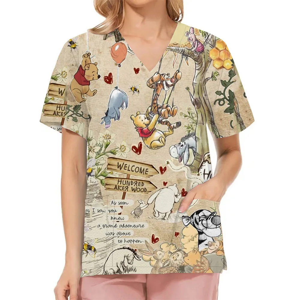 Winnie The Pooh Clinic Hospital Nurse Workwear Teeth 3D Printing T-shirt Women's V-neck Pocket Medical Clothing Nursing Top Work 3