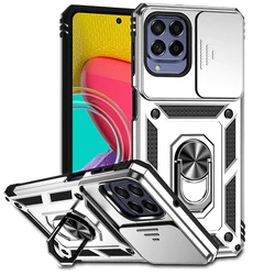 Enhanced Protective Phone Case with Slide Camera Cover and Car Holder Ring for Galaxy M53 5G (JSTC - Silver)