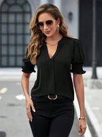 Chemisier à manches courtes bouffantes pour femmes, chemises décontractées pour dames, chemisiers à col en V, chemisier solide pour documents, style d'été 5