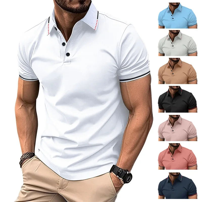

GZMS-New Men's CasualPOLOShirt Rib Lapel Fashion Button Business Pure Color All-MatchingTT-shirt