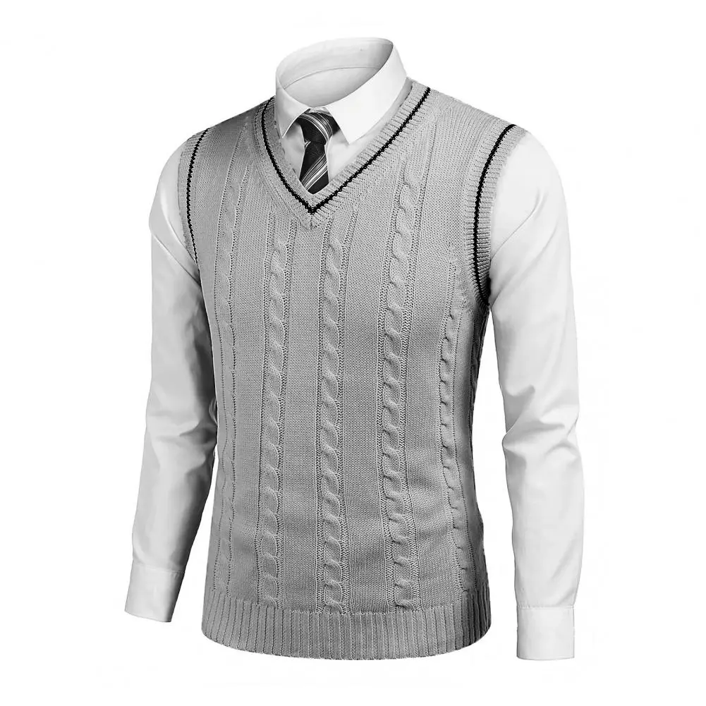Sweater Vest Men V Neck Knitted Slim Fit Mid Length Thickened Retro