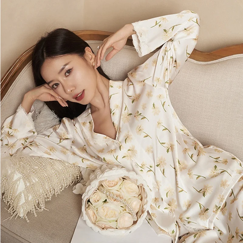 

QSROCIO Spring Autumn Women's Pajamas Set Dandelion Printed Sleepwear Homewear Elegant Luxury Style Nightwear Long Sleeves