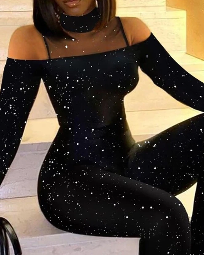 Women Glitter Sheer Mesh Patch Jumpsuit 2023 New Women's Elegant Fashion Long Sleeve Work Casual Jumpsuits Temperament Commuting