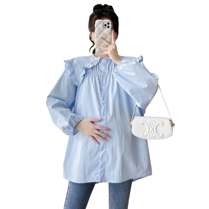 

Spring Autumn Cotton Maternity Blouses Oversize Loose Ruffle Tunic Shirts Clothes for Pregnant Women Long Sleeve Pregnancy Tops