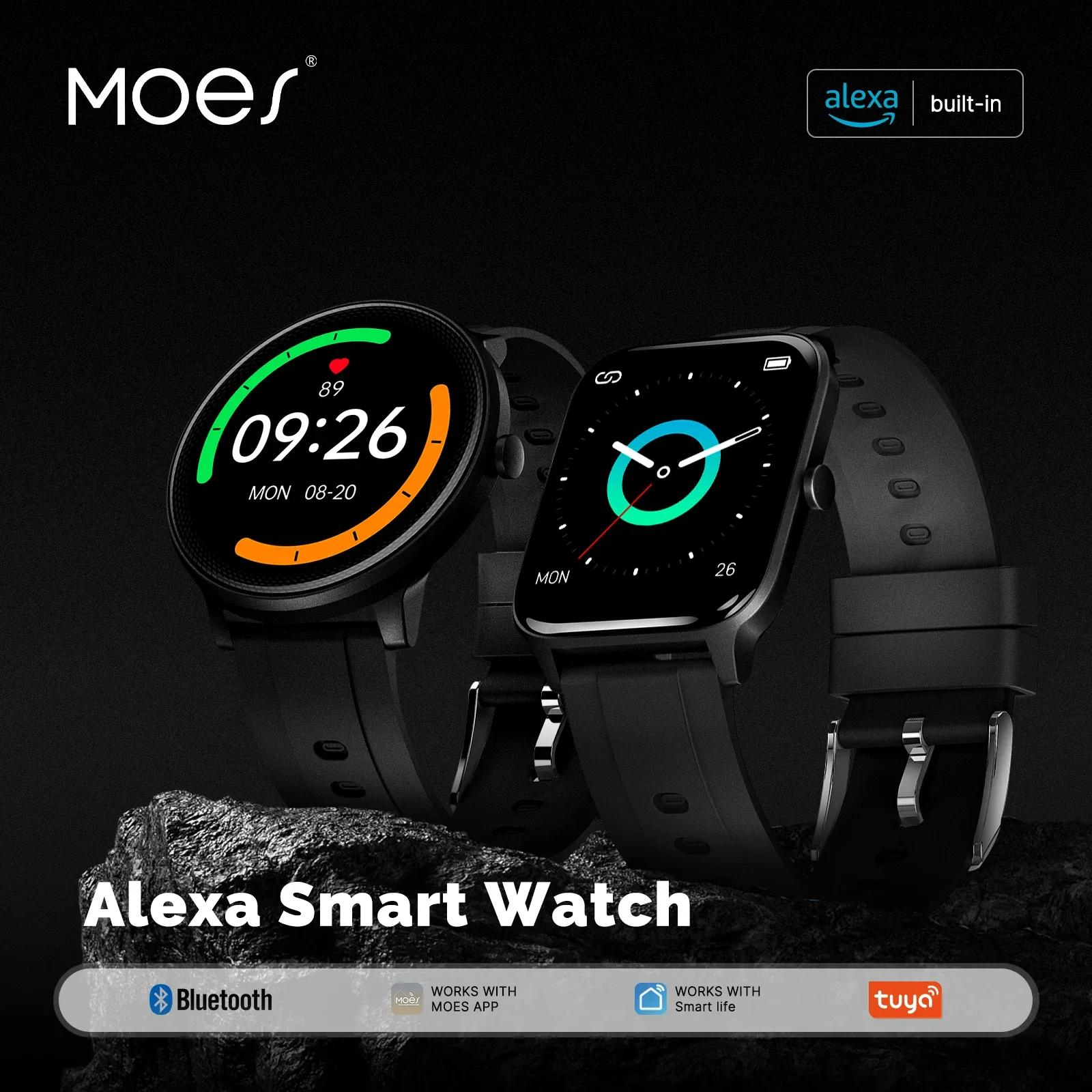 

MOES Smart Watch Alexa Built-in Fitness Tracker Heart Rate and Two Dial Styles Blood Oxygen Monitor, IP68 Waterproof Touchscreen